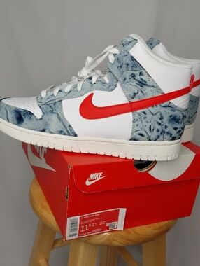 Nike Dunk High White with Red Swoosh and Blue Marble Panels